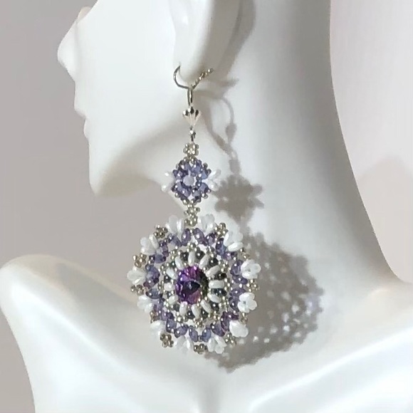 Purple and White Dangle Earrings - Picture 2 of 7